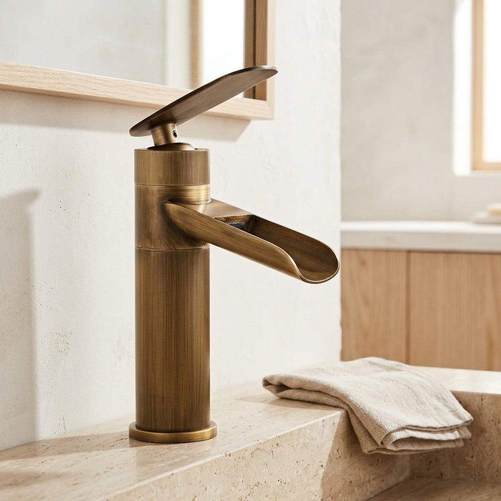 Lagomel waterfall single-hole bathroom faucet in matte black, matte white, chrome, antique brass, two-tone / mixed, set in a Modern/Contemporary bathroom