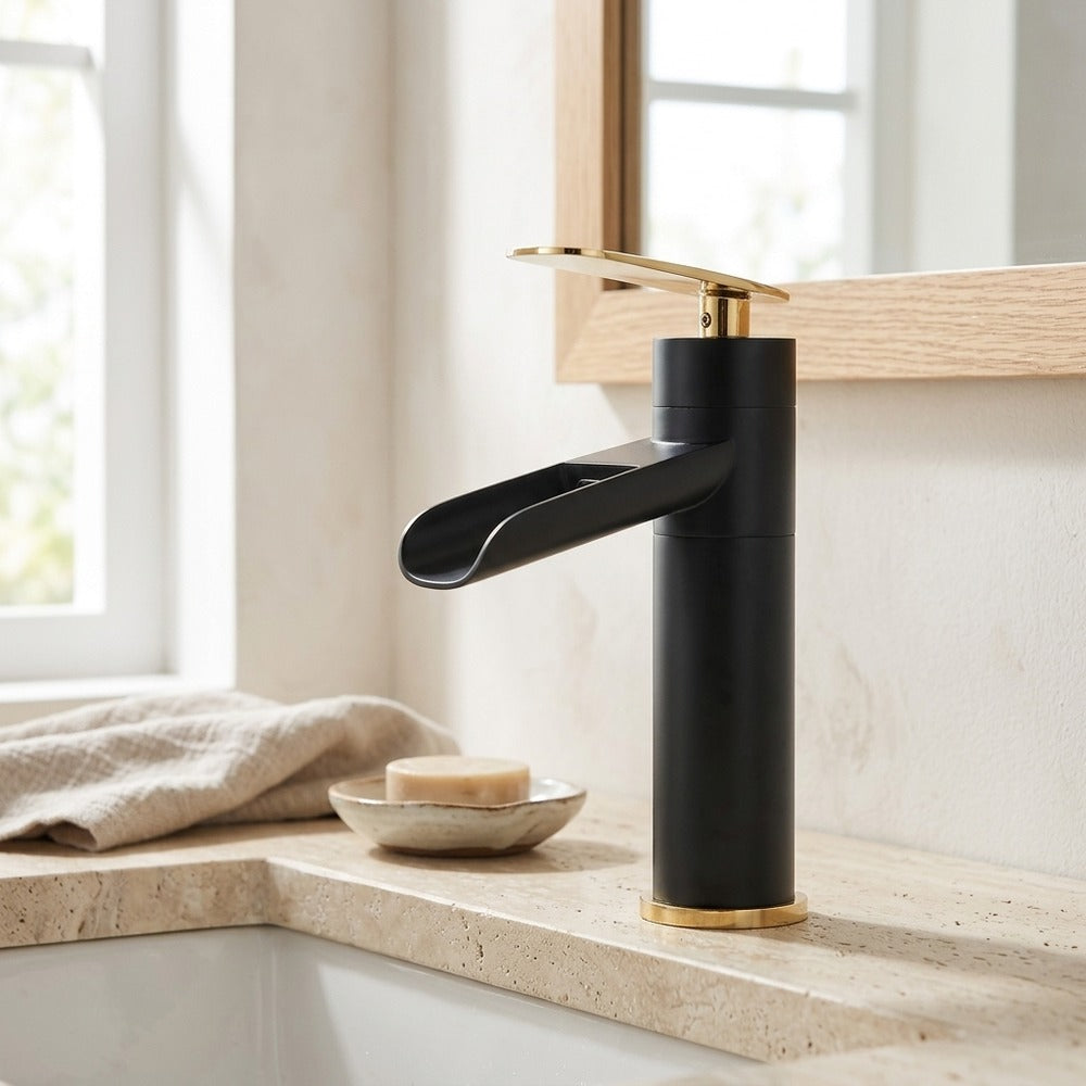 Lagomel waterfall single-hole bathroom faucet, set in a Modern/Minimalist bathroom