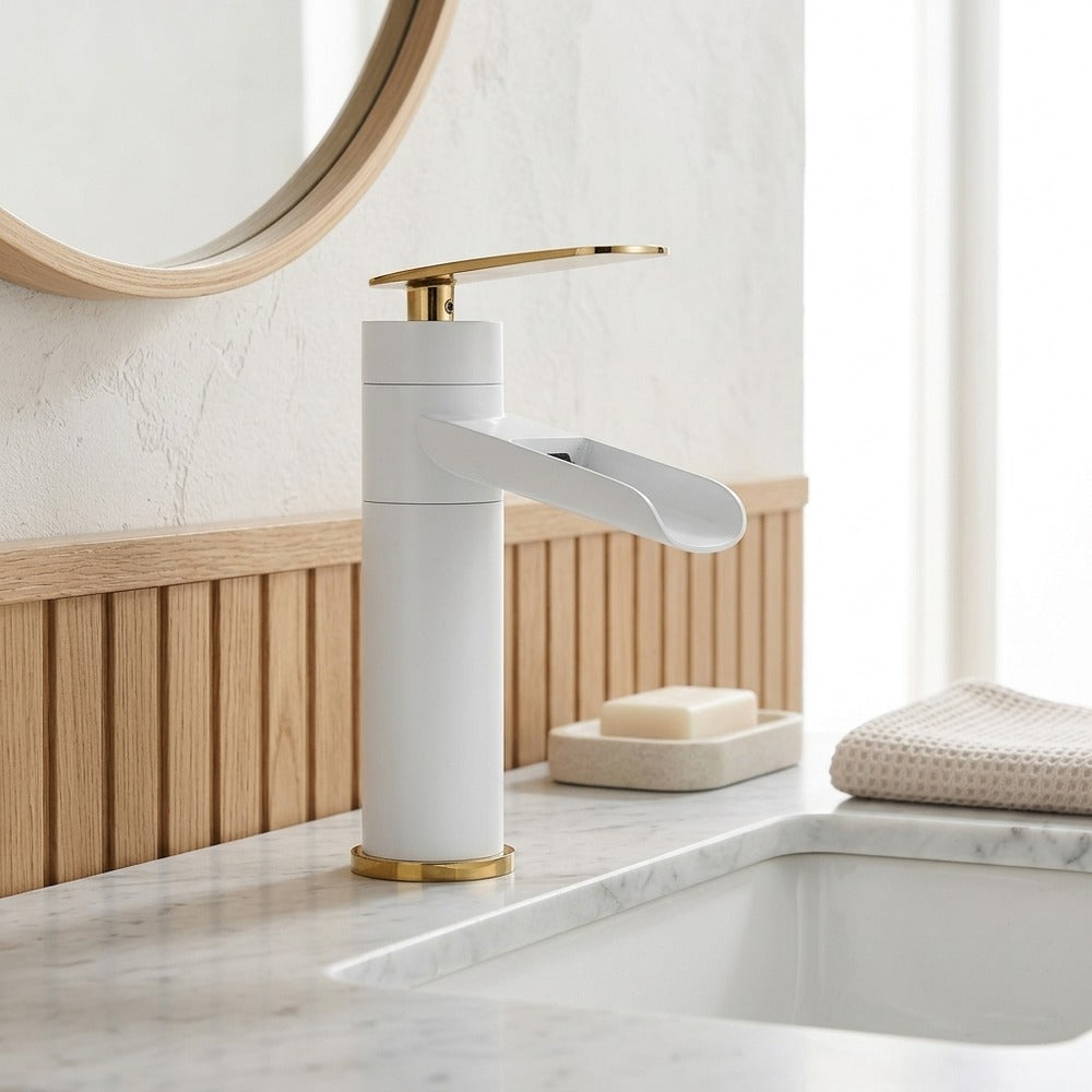 Lagomel waterfall single-hole bathroom faucet, set in a Modern/Minimalist bathroom
