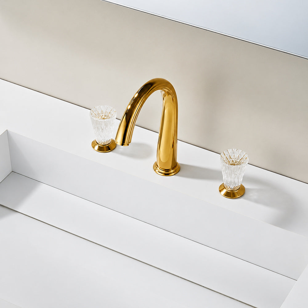 Polished Gold Modern Widespread Bathroom Faucet, High Arc Faucet with Crystal Knob Handles
