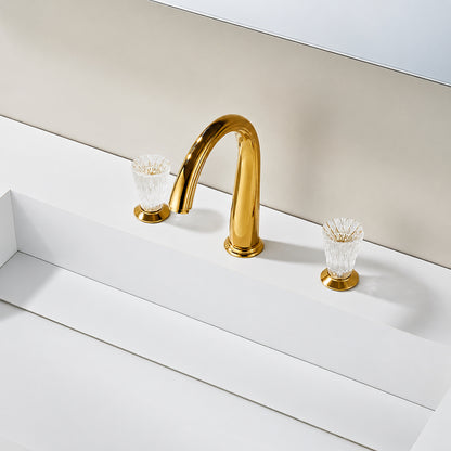 Polished Gold Modern Widespread Bathroom Faucet, High Arc Faucet with Crystal Knob Handles