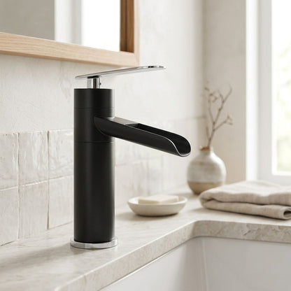 Lagomel waterfall single-hole bathroom faucet, set in a Modern/Minimalist bathroom
