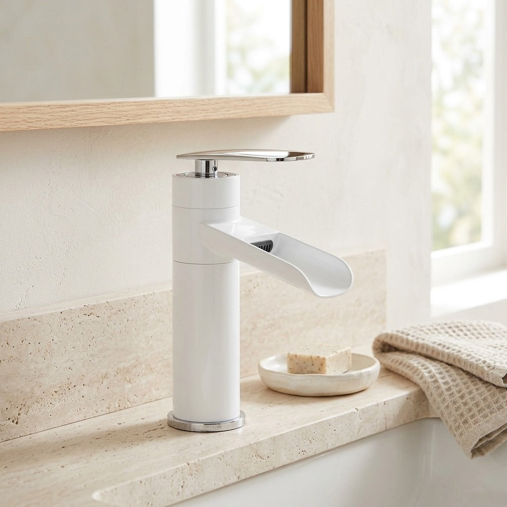 Lagomel waterfall single-hole bathroom faucet, set in a Modern/Minimalist bathroom