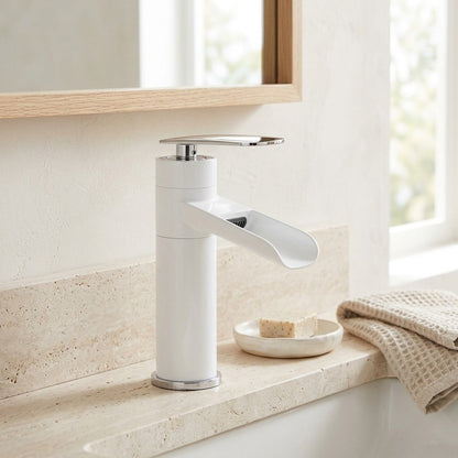 Lagomel waterfall single-hole bathroom faucet, set in a Modern/Minimalist bathroom
