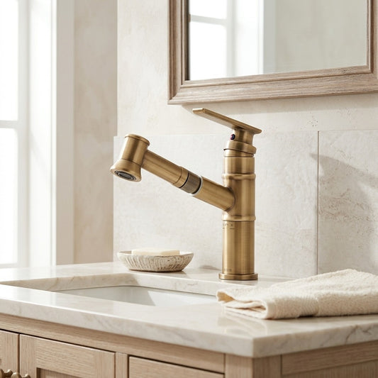 Lagomel pull-out single-hole bathroom faucet in oil-rubbed bronze, antique brass, set in a Traditional/Classic/Vintage/Retro bathroom