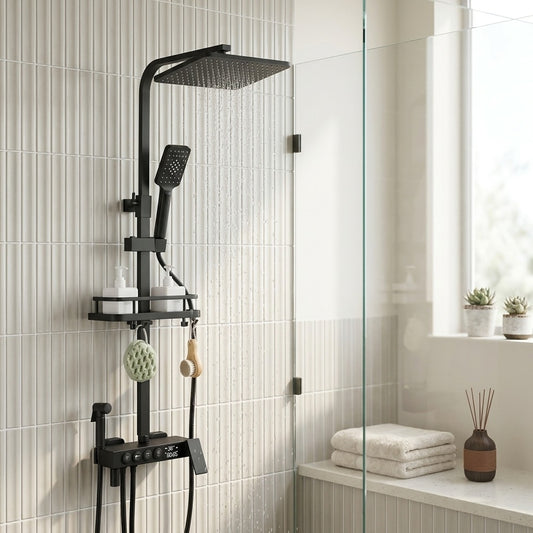 Lagomel wall-mounted tub and shower system in matte black, chrome, set in a Contemporary bathroom