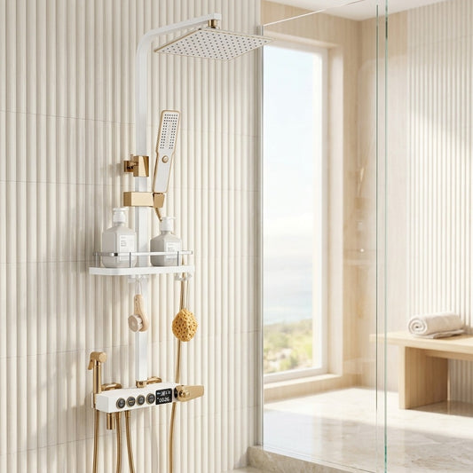 Lagomel wall-mounted tub and shower system in two-tone / mixed finish, set in a Vintage/Retro/Rustic bathroom