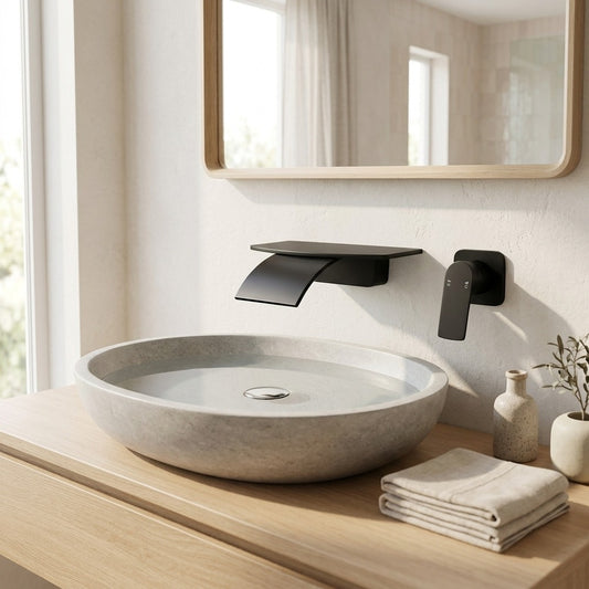 Lagomel waterfall single-handle wall-mount bathroom faucet in matte black, matte white, set in a Contemporary bathroom
