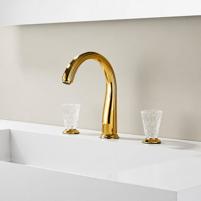 Polished Gold Modern Widespread Bathroom Faucet, High Arc Faucet with Crystal Knob Handles
