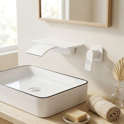 Lagomel waterfall single-handle wall-mount bathroom faucet, set in a Modern/Vintage/Retro bathroom
