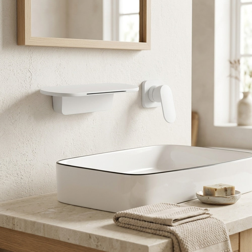 Lagomel waterfall single-handle wall-mount bathroom faucet, set in a Modern/Vintage/Retro bathroom