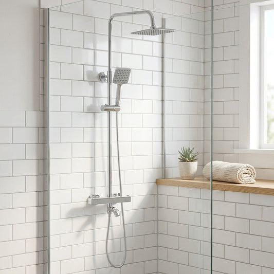 Lagomel wall-mounted tub and shower system in chrome, set in a Contemporary bathroom