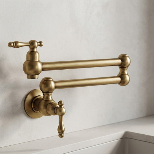 Lagomel wall-mounted pot filler in antique brass, brushed gold, matte black, brushed nickel, chrome, set in a Traditional/Classic/Vintage/Retro bathroom