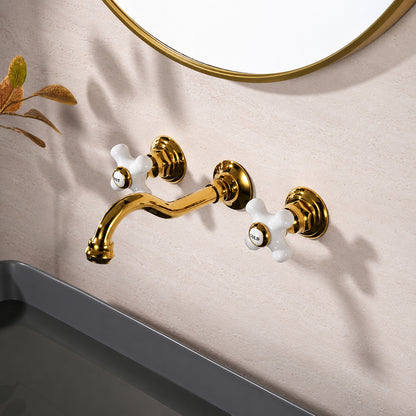 Vintage Wall-Mount Bathroom Faucet, Dual Cross Handle Brass Faucet, Polished Gold / Chrome