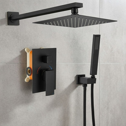 Lagomel wall-mounted complete shower system in matte black, set in a Contemporary/Modern bathroom