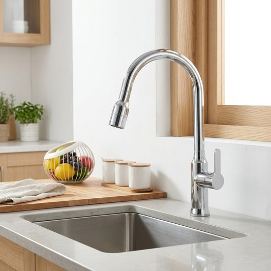 Lagomel single-handle pull-down kitchen faucet in chrome, set in a Contemporary kitchen