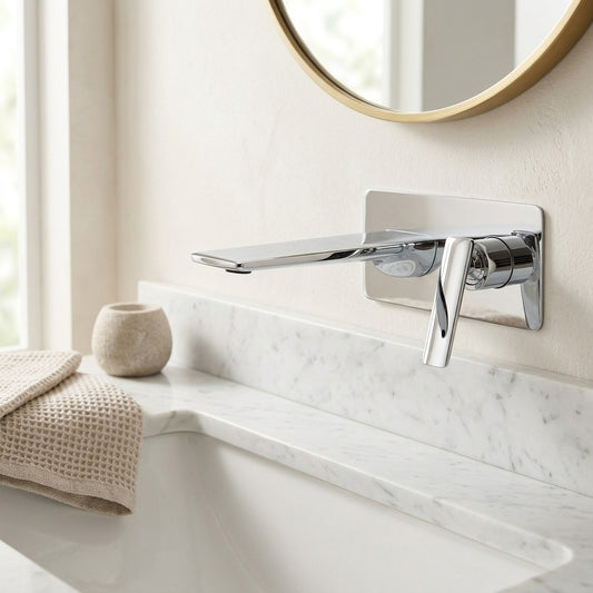 Lagomel vessel sink waterfall wall-mount bathroom faucet in chrome, matte black, set in a Modern bathroom