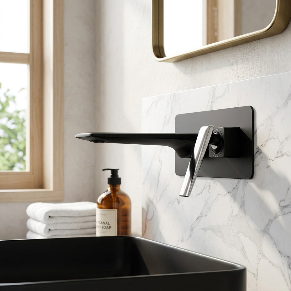 Lagomel vessel sink waterfall wall-mount bathroom faucet, set in a Modern bathroom