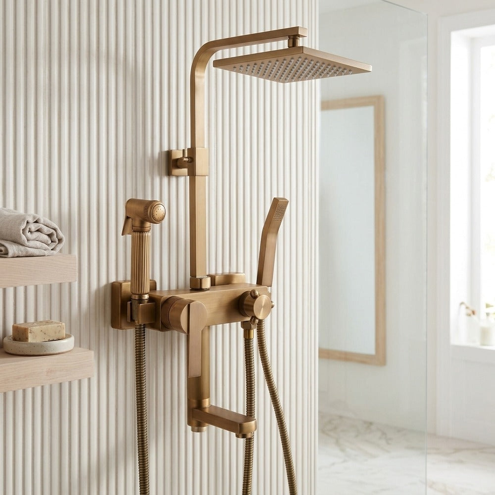 Lagomel wall-mounted single-handle tub and shower system in antique brass, brushed nickel, set in a Vintage/Retro bathroom