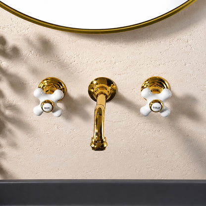 Vintage Wall-Mount Bathroom Faucet, Dual Cross Handle Brass Faucet, Polished Gold / Chrome