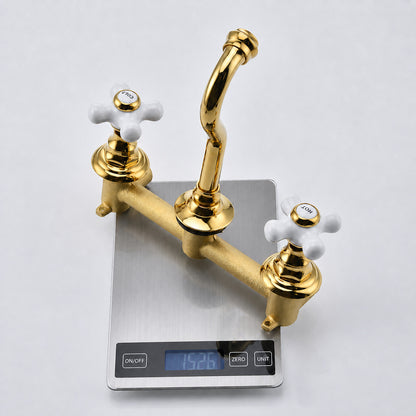 Vintage Wall-Mount Bathroom Faucet, Dual Cross Handle Brass Faucet, Polished Gold / Chrome