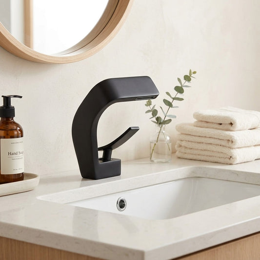 Lagomel waterfall single-hole bathroom faucet in matte black, brushed nickel, chrome, brushed gold, rose gold, matte, set in a Modern/Contemporary bathroom