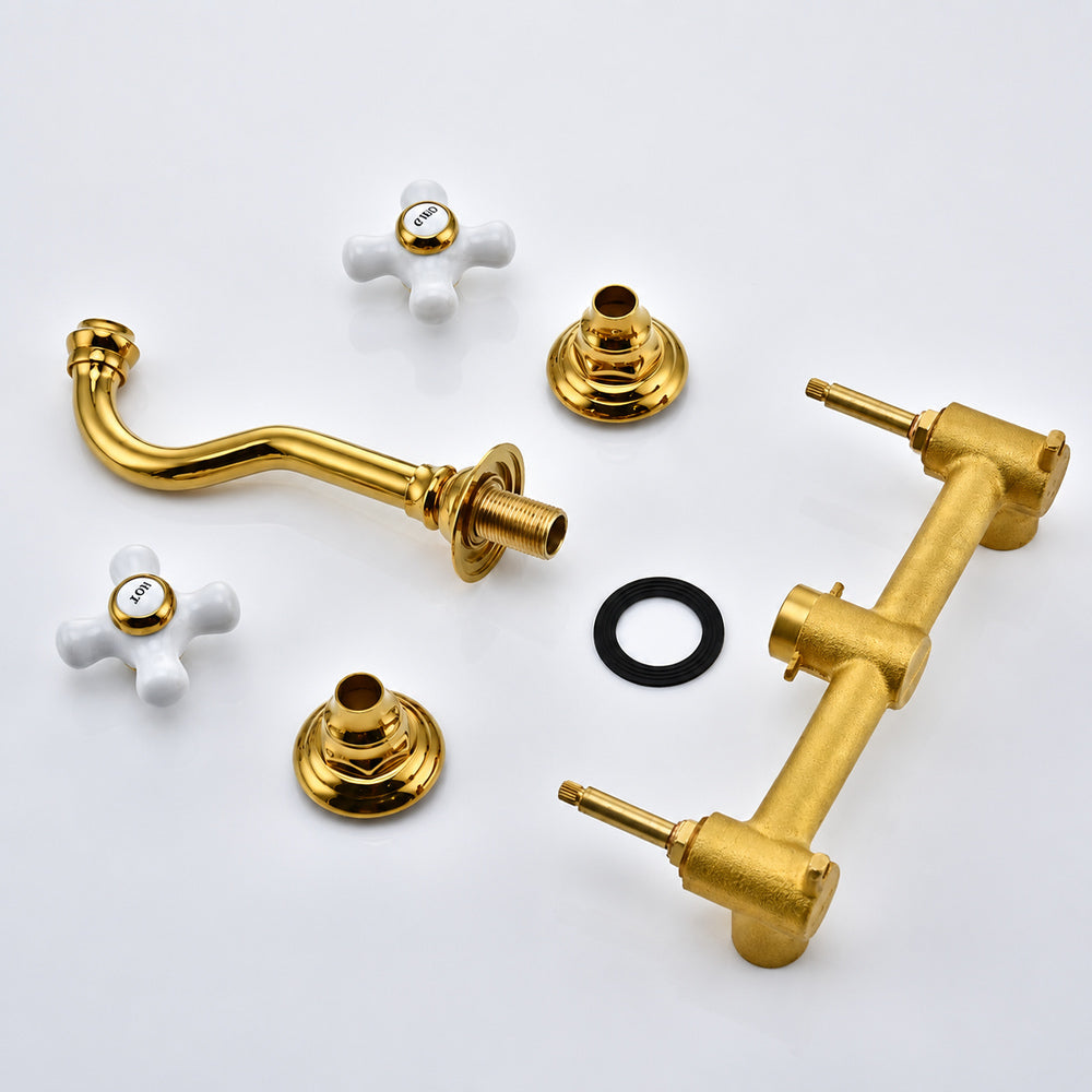 Vintage Wall-Mount Bathroom Faucet, Dual Cross Handle Brass Faucet, Polished Gold / Chrome