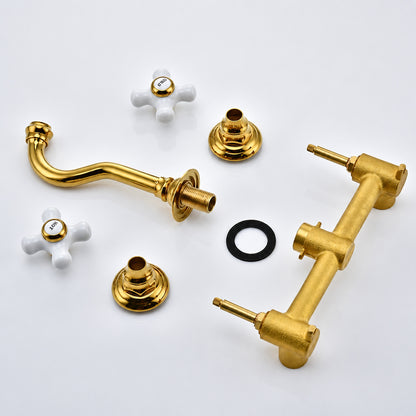 Vintage Wall-Mount Bathroom Faucet, Dual Cross Handle Brass Faucet, Polished Gold / Chrome