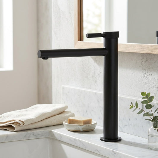 Lagomel single-handle vessel sink faucet in chrome, matte black, brushed gold, rose gold, matte white, set in a Contemporary bathroom