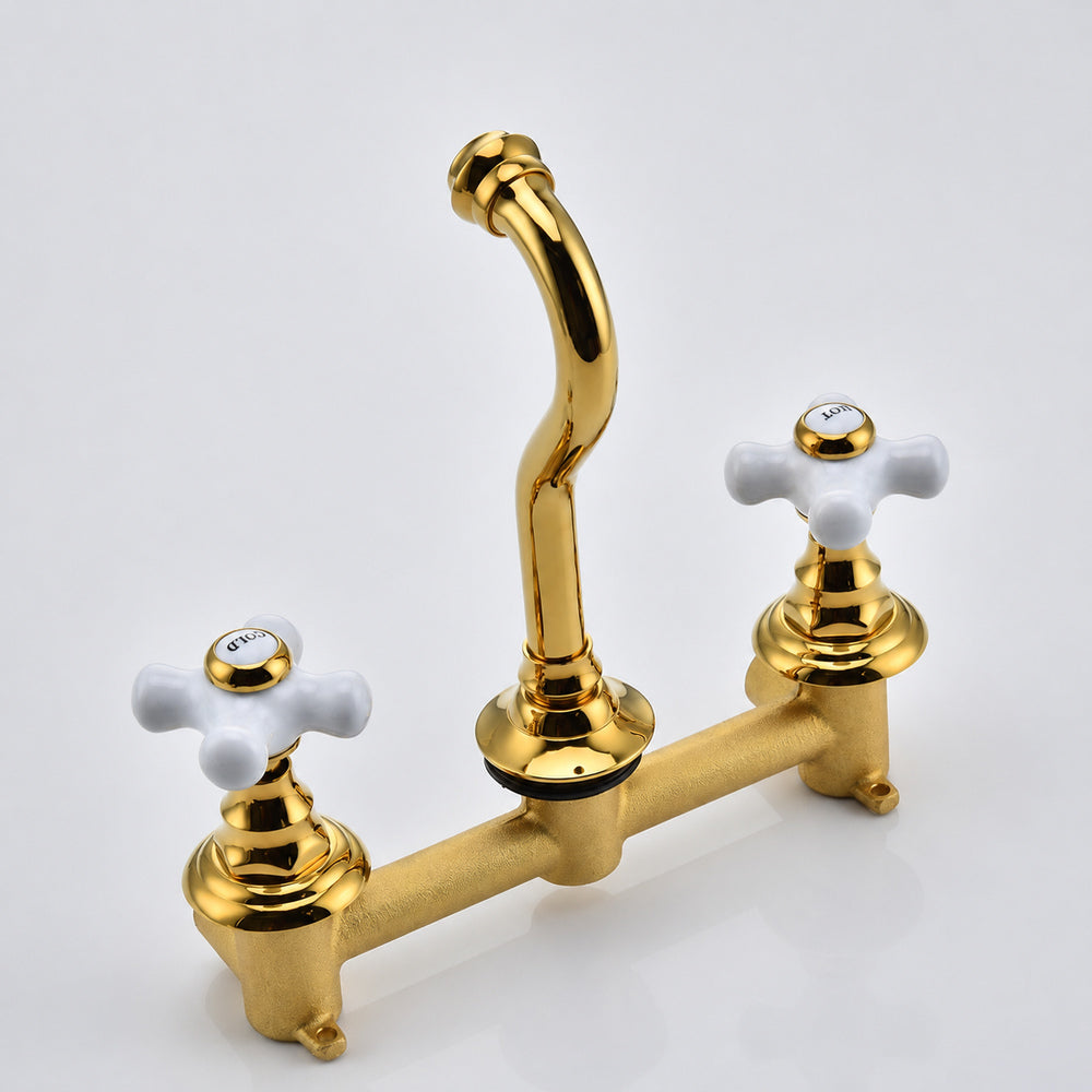 Vintage Wall-Mount Bathroom Faucet, Dual Cross Handle Brass Faucet, Polished Gold / Chrome