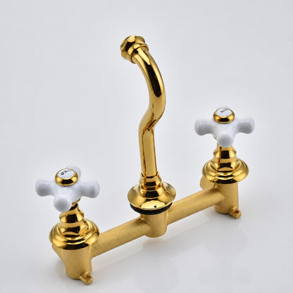 Vintage Wall-Mount Bathroom Faucet, Dual Cross Handle Brass Faucet, Polished Gold / Chrome