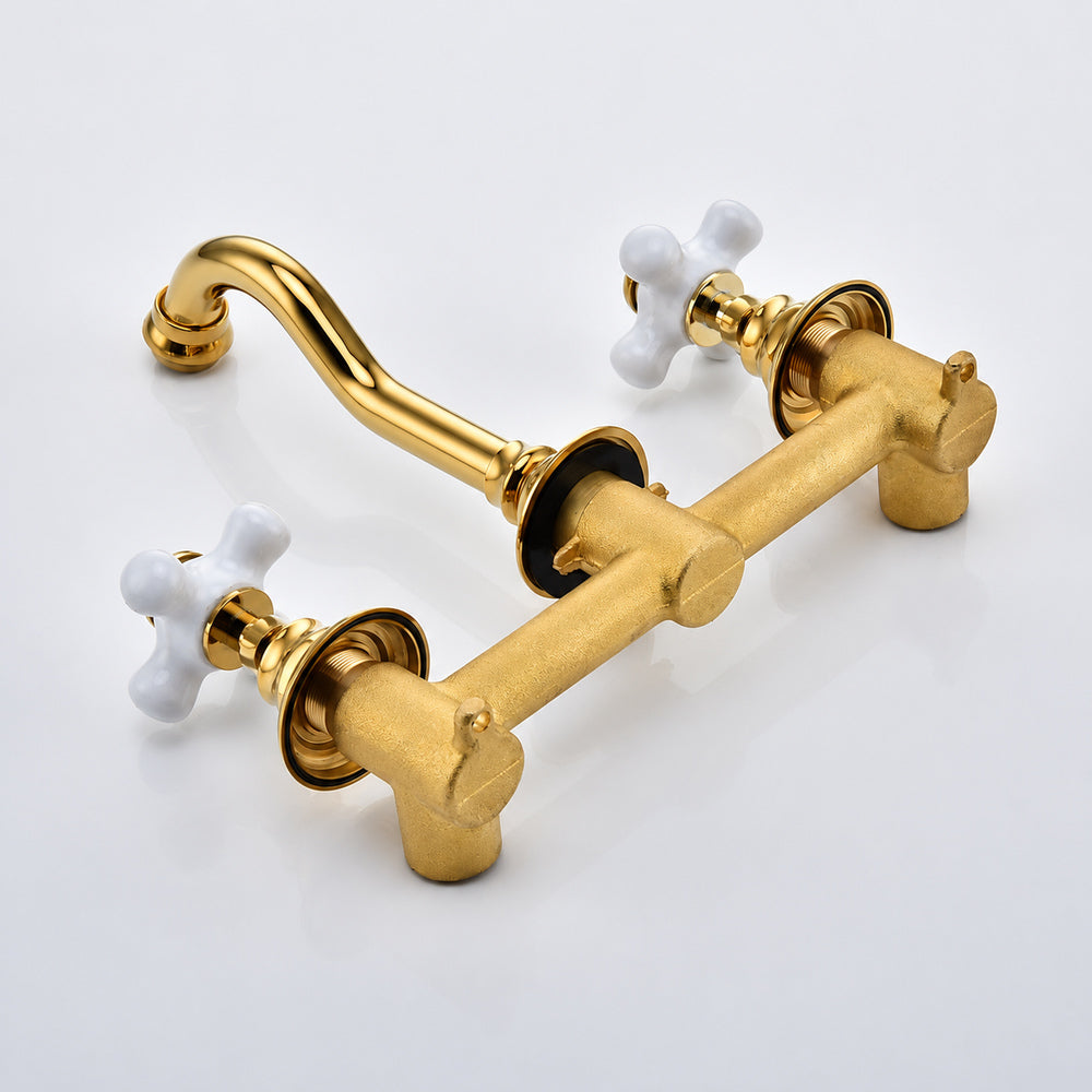 Vintage Wall-Mount Bathroom Faucet, Dual Cross Handle Brass Faucet, Polished Gold / Chrome