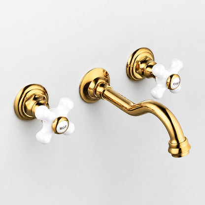 Vintage Wall-Mount Bathroom Faucet, Dual Cross Handle Brass Faucet, Polished Gold / Chrome