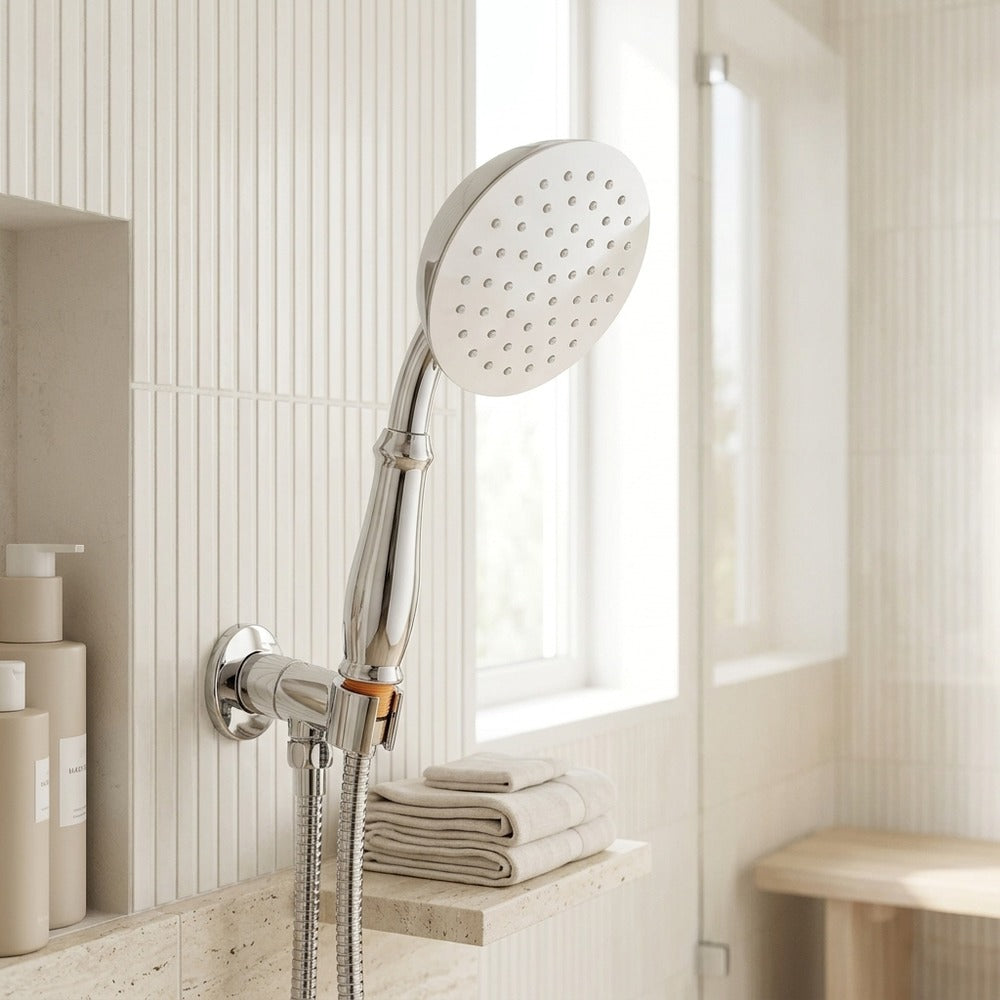 Lagomel hand shower in chrome, set in a Contemporary bathroom