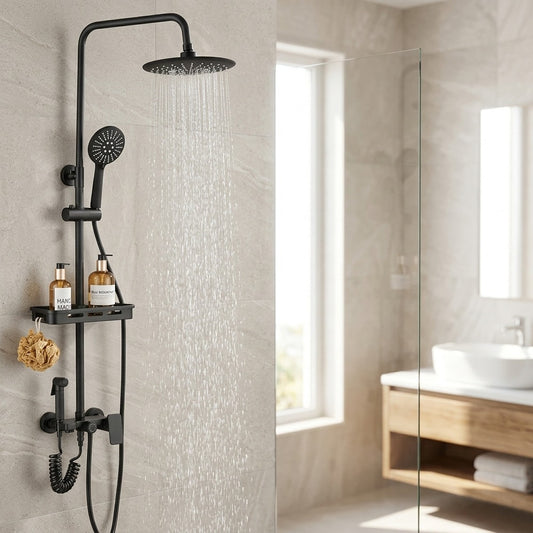 Lagomel wall-mounted tub and shower system in matte black, set in a Contemporary bathroom