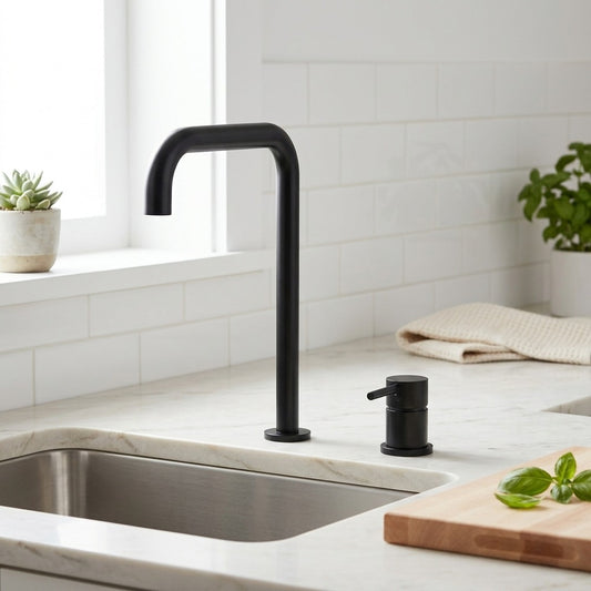Lagomel single-handle kitchen faucet in matte black, black nickel, set in a Contemporary/Modern kitchen