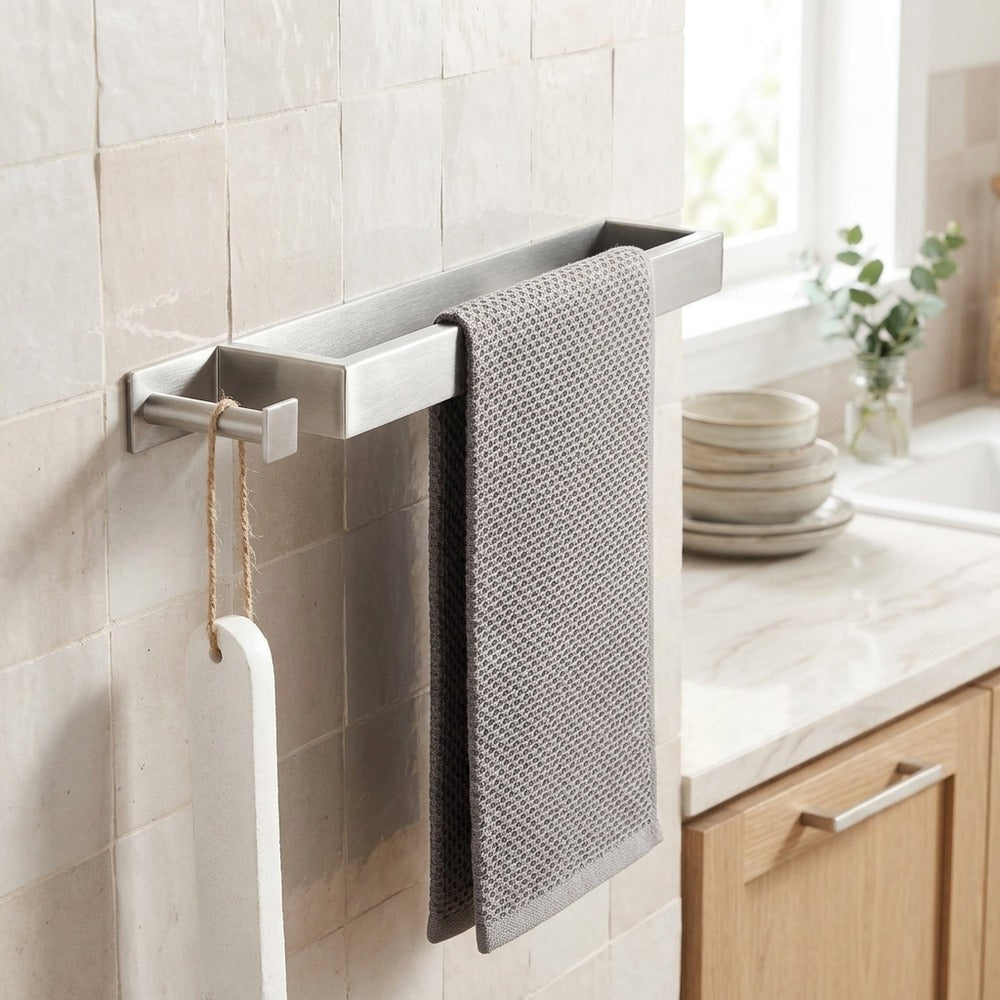 Lagomel wall-mounted towel bar, set in a Modern/Contemporary bathroom