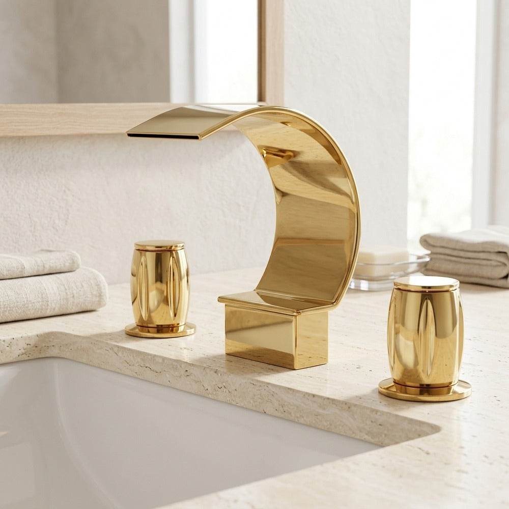 Lagomel waterfall widespread bathroom faucet in matte black, polished gold, set in a Contemporary bathroom
