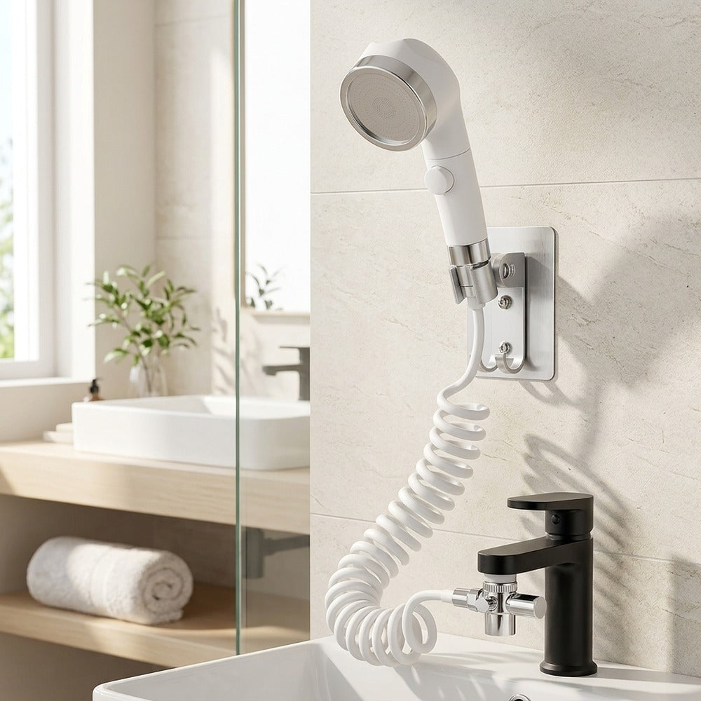 Lagomel wall-mounted hand shower in chrome, matte white, set in a Contemporary bathroom