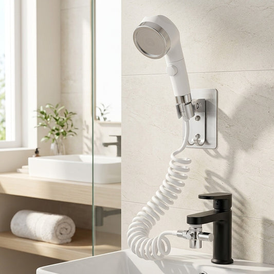 Lagomel wall-mounted hand shower in chrome, matte white, set in a Contemporary bathroom