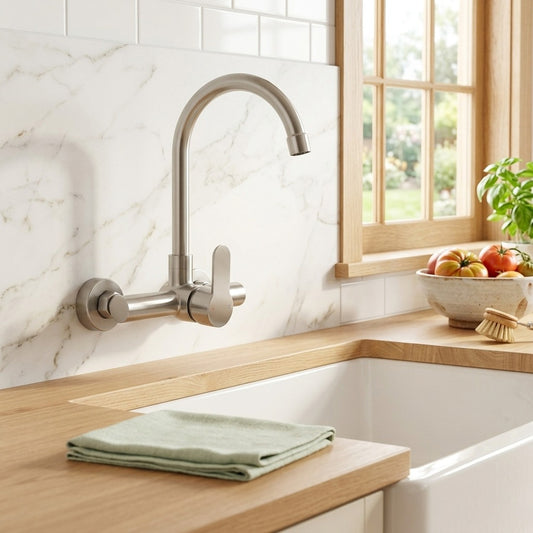 Lagomel single-handle wall-mount kitchen faucet in stainless steel, brushed nickel, set in a Modern kitchen