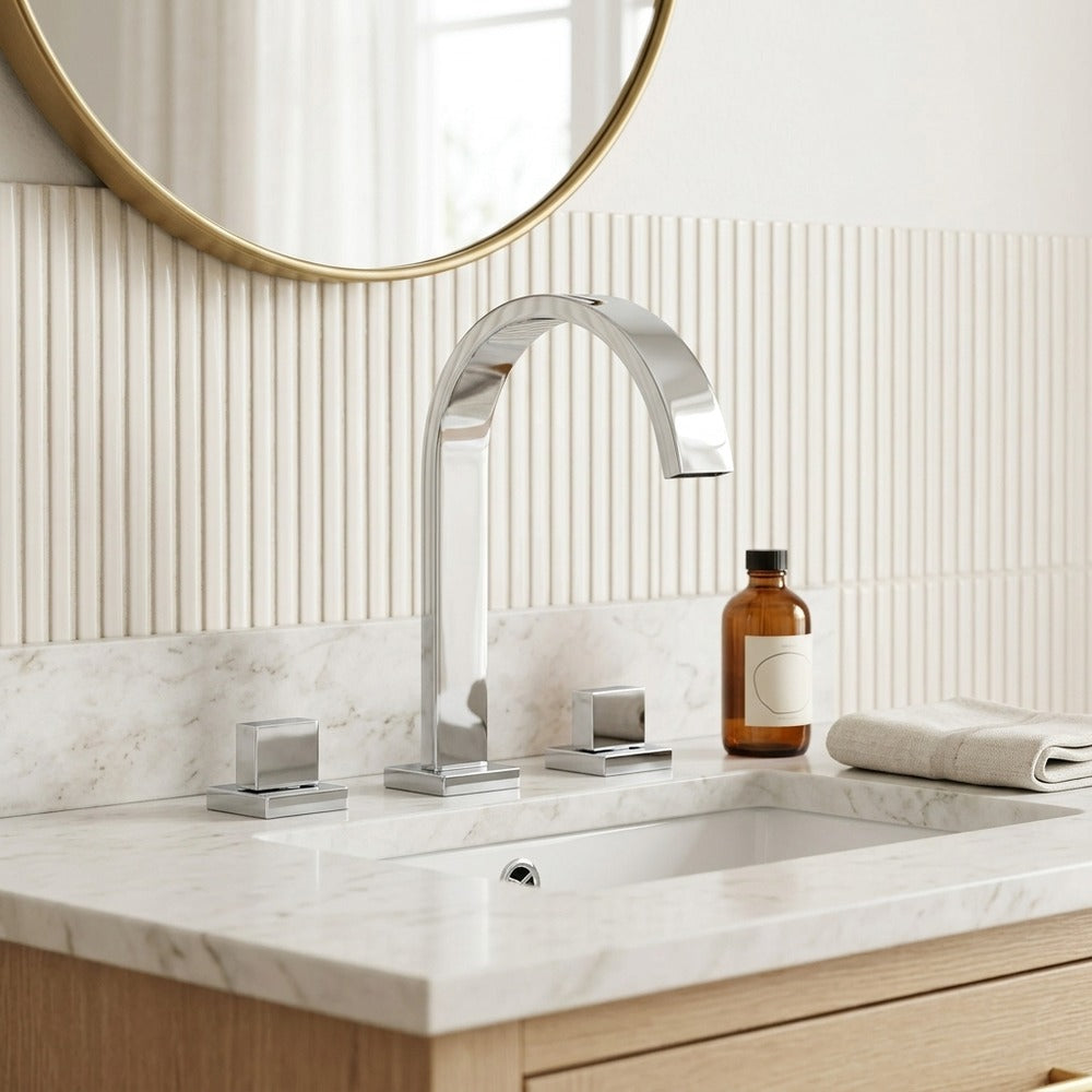 Lagomel waterfall double-handle widespread bathroom faucet in chrome, set in a Contemporary bathroom
