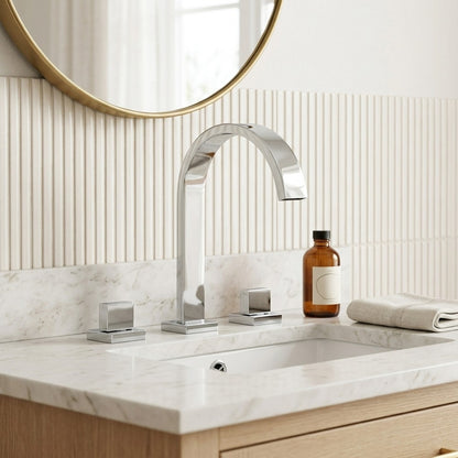 Lagomel waterfall double-handle widespread bathroom faucet in chrome, set in a Contemporary bathroom