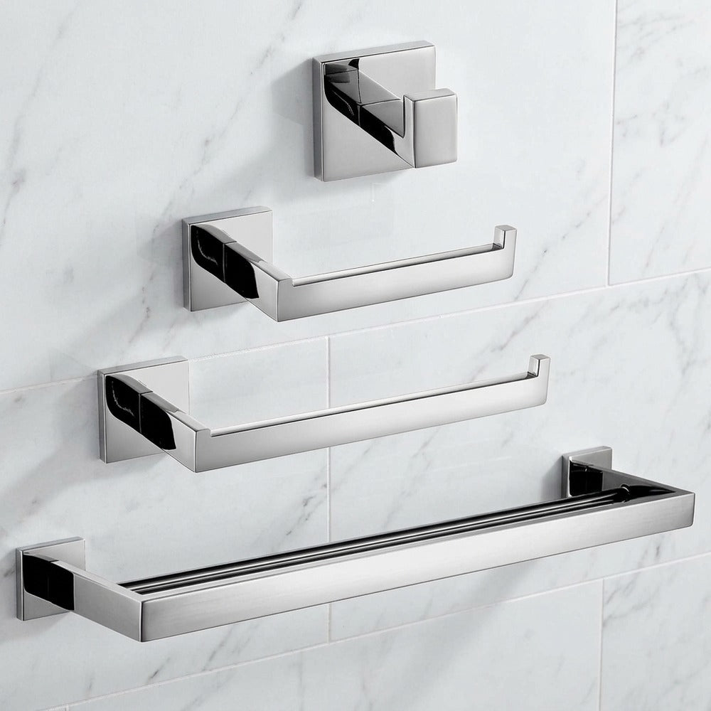Lagomel wall-mounted bathroom hardware set in chrome, set in a Modern/Contemporary bathroom