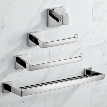 Lagomel wall-mounted bathroom hardware set in chrome, set in a Modern/Contemporary bathroom