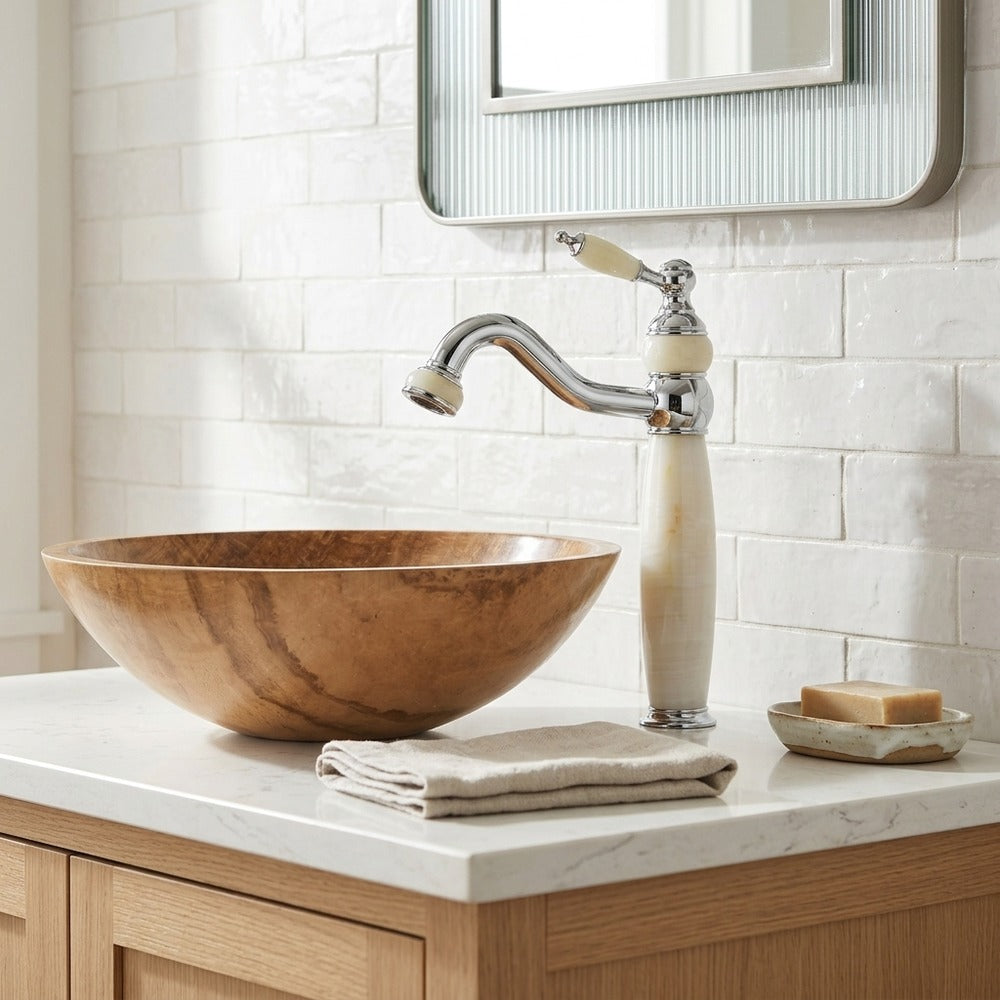 Lagomel single-handle vessel sink faucet in chrome, polished gold, oil-rubbed bronze, rose gold, set in a Contemporary/Traditional/Classic bathroom