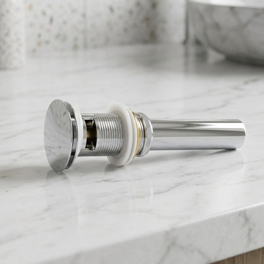 Lagomel bathroom sink drain in chrome, oil-rubbed bronze, rose gold, antique brass, polished gold, set in a Contemporary bathroom