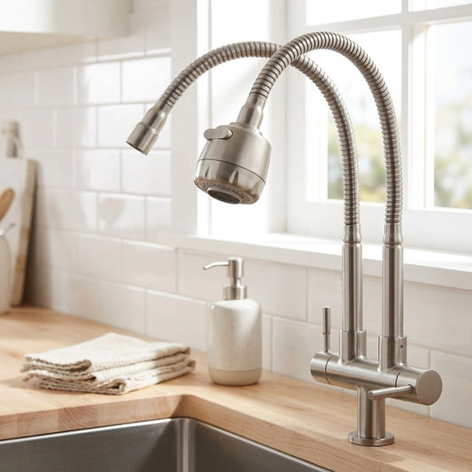 Lagomel single-hole two-handle kitchen faucet in stainless steel, set in a Contemporary/Modern kitchen