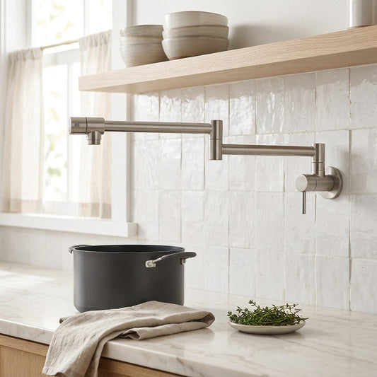 Lagomel wall-mounted pot filler in brushed nickel, set in a Modern/Minimalist bathroom