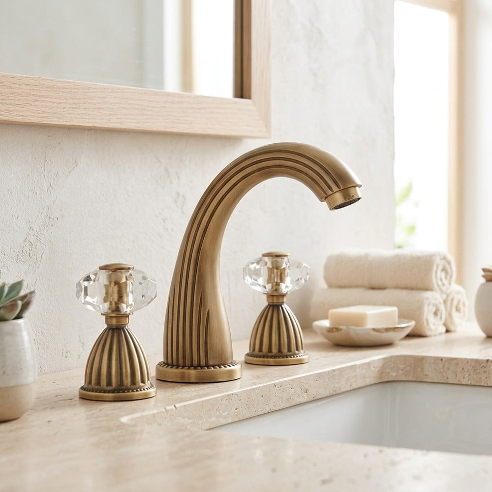 Lagomel widespread bathroom faucet in antique brass, set in a Traditional/Classic/Vintage/Retro bathroom